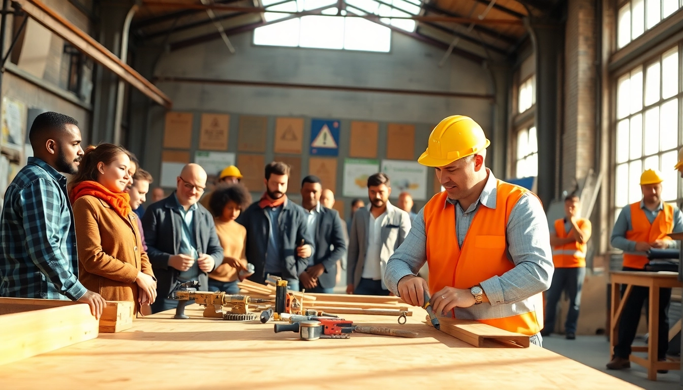Engaged participants in construction training mastering skills hands-on in a professional classroom.