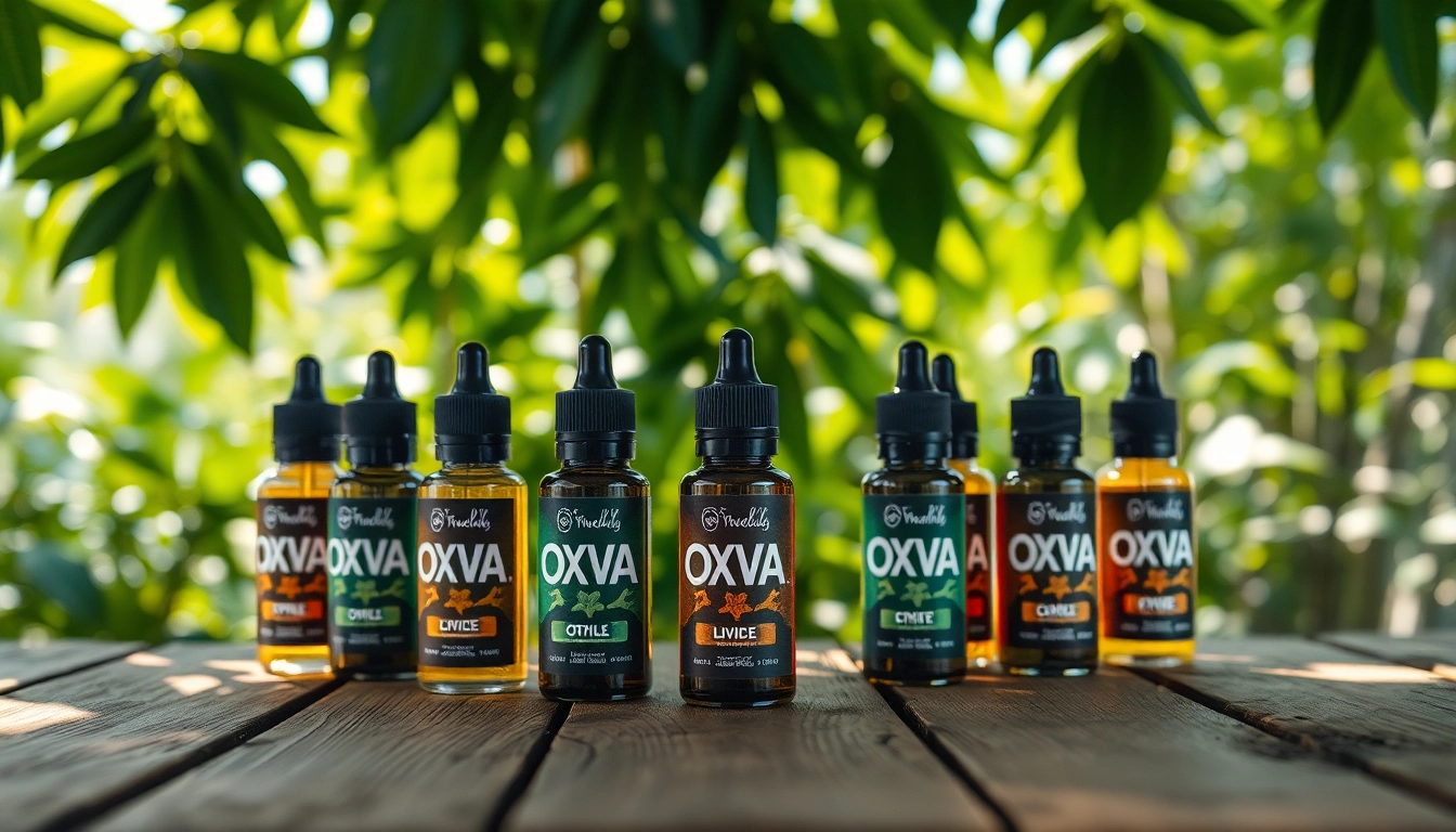 Genießen Sie das Oxva Liquid in einer ansprechenden Anordnung von Flaschen vor einer grünen Kulisse.