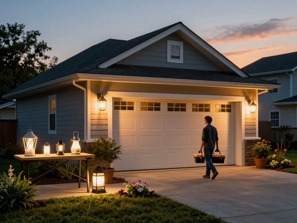 Stylish outdoor garage lights illuminating a cozy garage scene, enhancing safety and curb appeal.