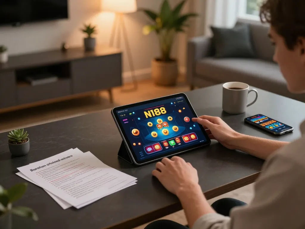 N188 player enjoying a dynamic online gaming experience with a tablet and strategy notes