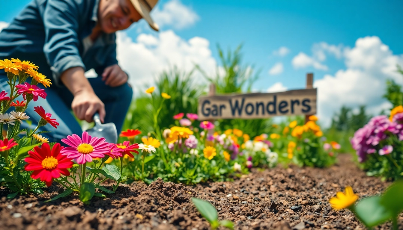 Gardening scene with a gardener nurturing colorful plants in a lush garden setting.