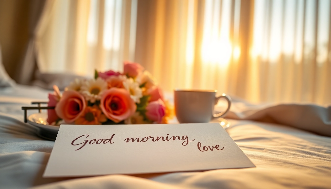 A heartfelt good morning message for her with a romantic breakfast setup and soft sunlight.