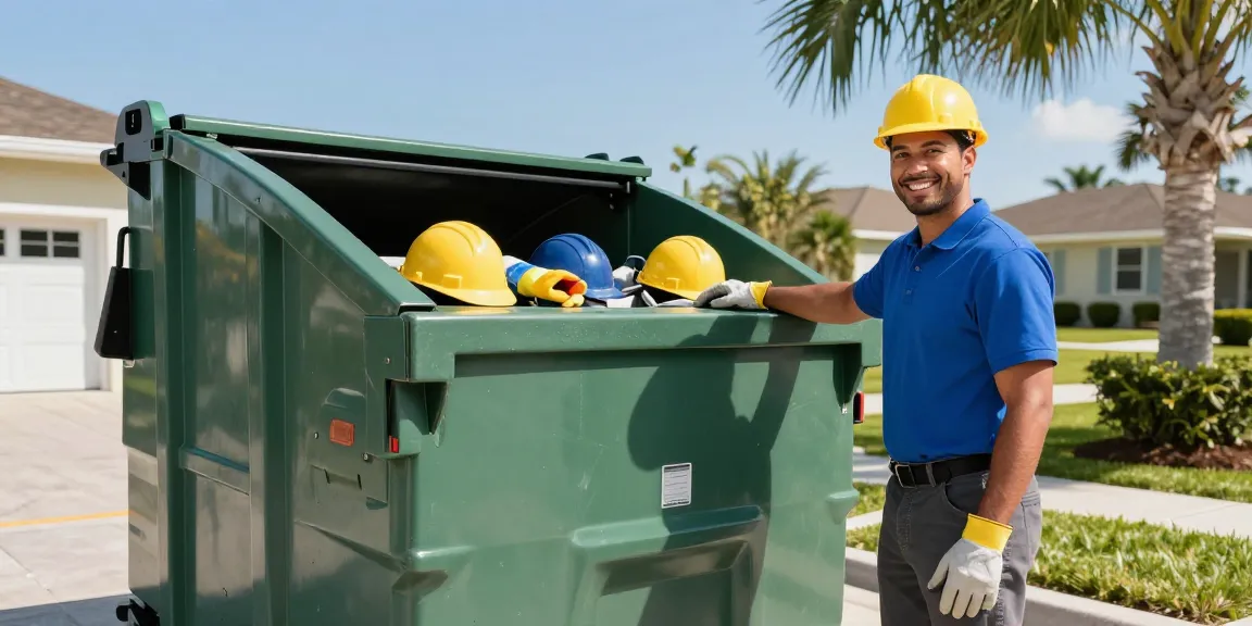 Reliable dumpster rental in Punta Gorda FL with technician preparing 20-yard roll-off dumpster for local homeowners.