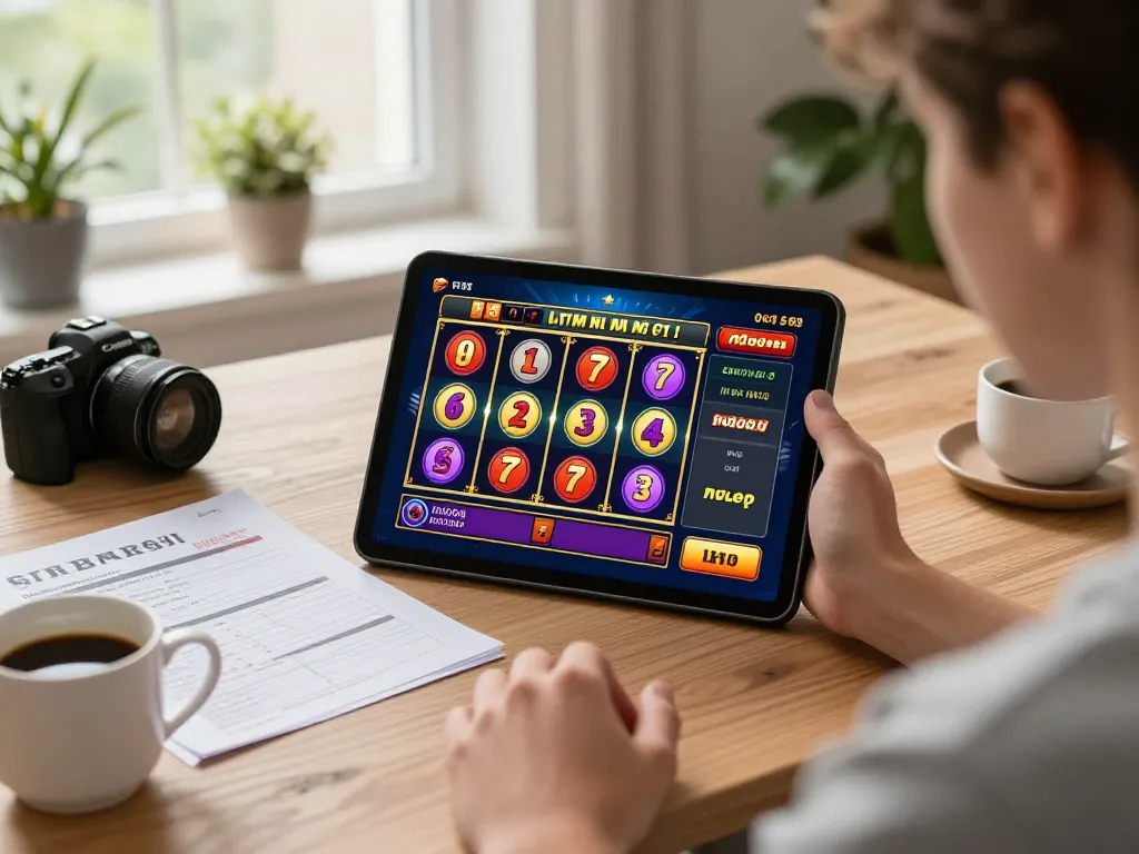Player engaging with thabet online casino game on tablet in a cozy home setting, showcasing strategic gambling vibes.