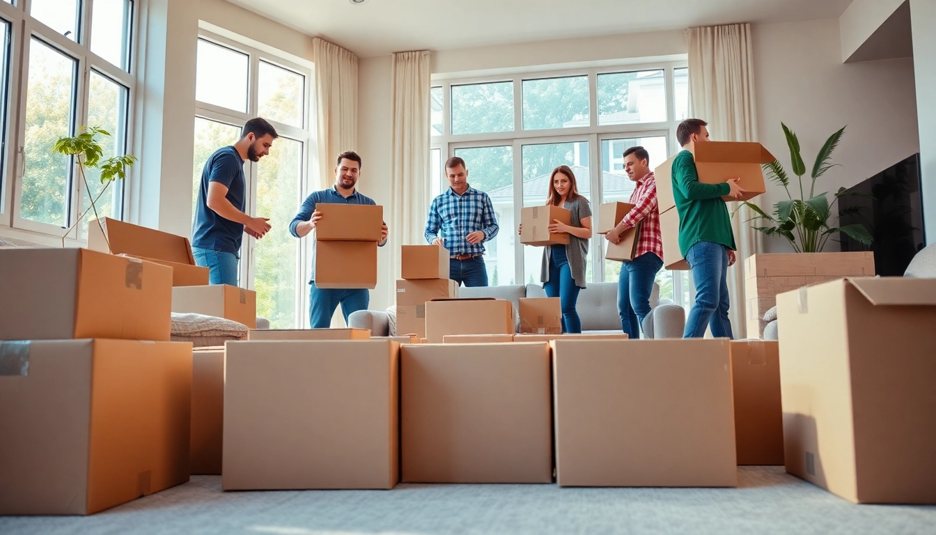 House removal companies team efficiently packing items in a bright living room.