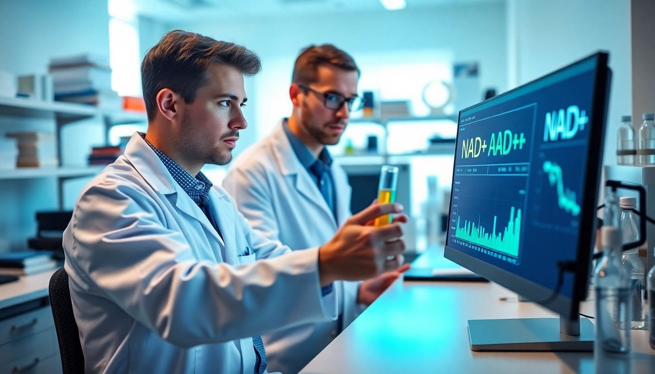 Scientist examining NAD+ levels in a well-equipped laboratory setting.