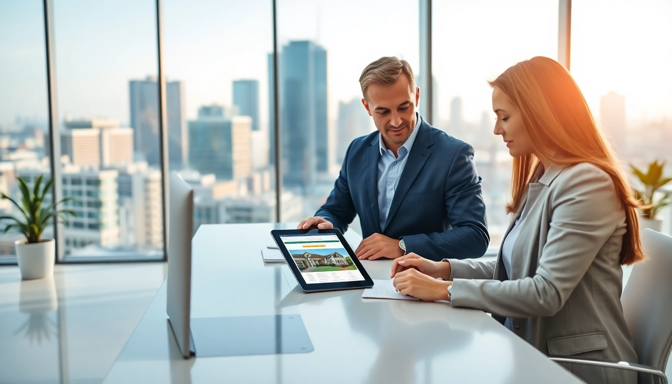 Highlighting real estate agents collaborating in a modern office space with a stunning skyline view.