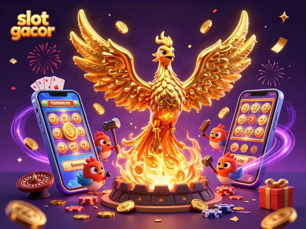 Memenangkan jackpot besar dengan slot gacor di situs terpercaya, dikelilingi simbol kemenangan dan hadiah menarik.
