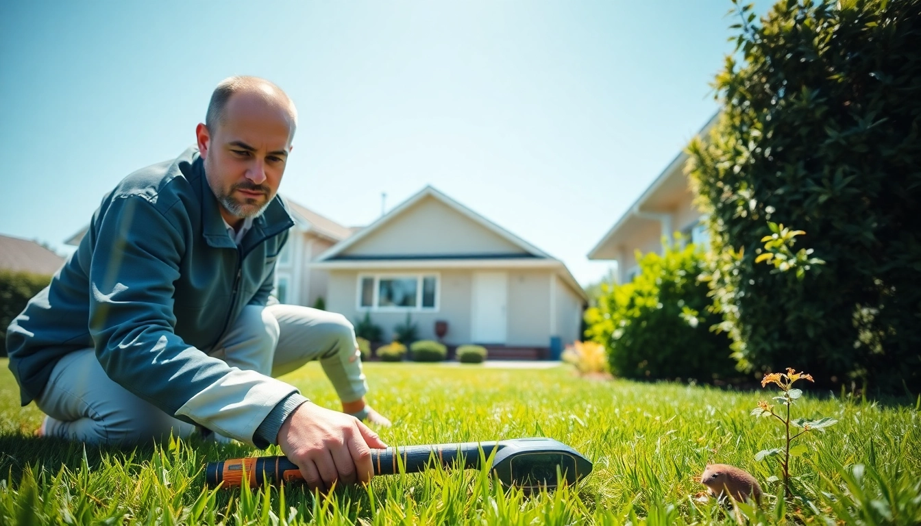 Emergency pest removal near me with a professional technician conducting an inspection in a garden.