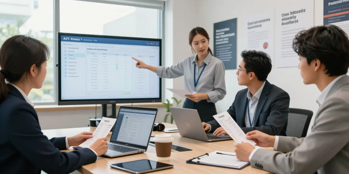 Team detecting fraud receipt authenticity with AI technology in a modern office.