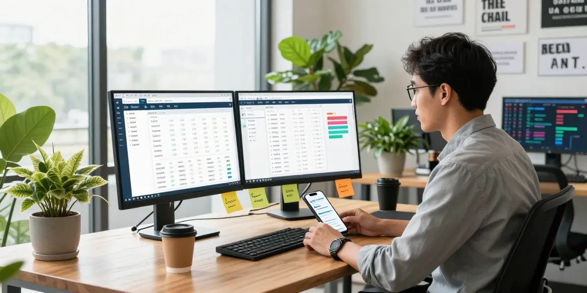 SEO expert analyzing data on scenadomen.pl in a modern office setup