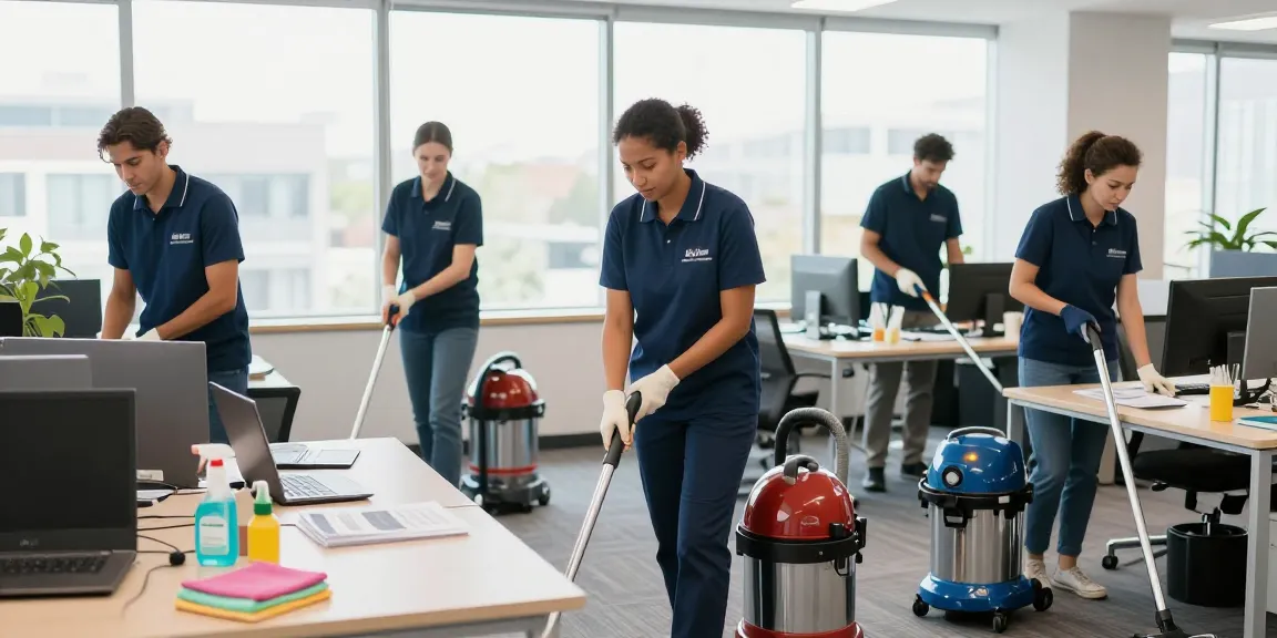 Reinigungsdienst in Dortmund, professionelle Reinigungskräfte in modernen Büros bei der Arbeit.