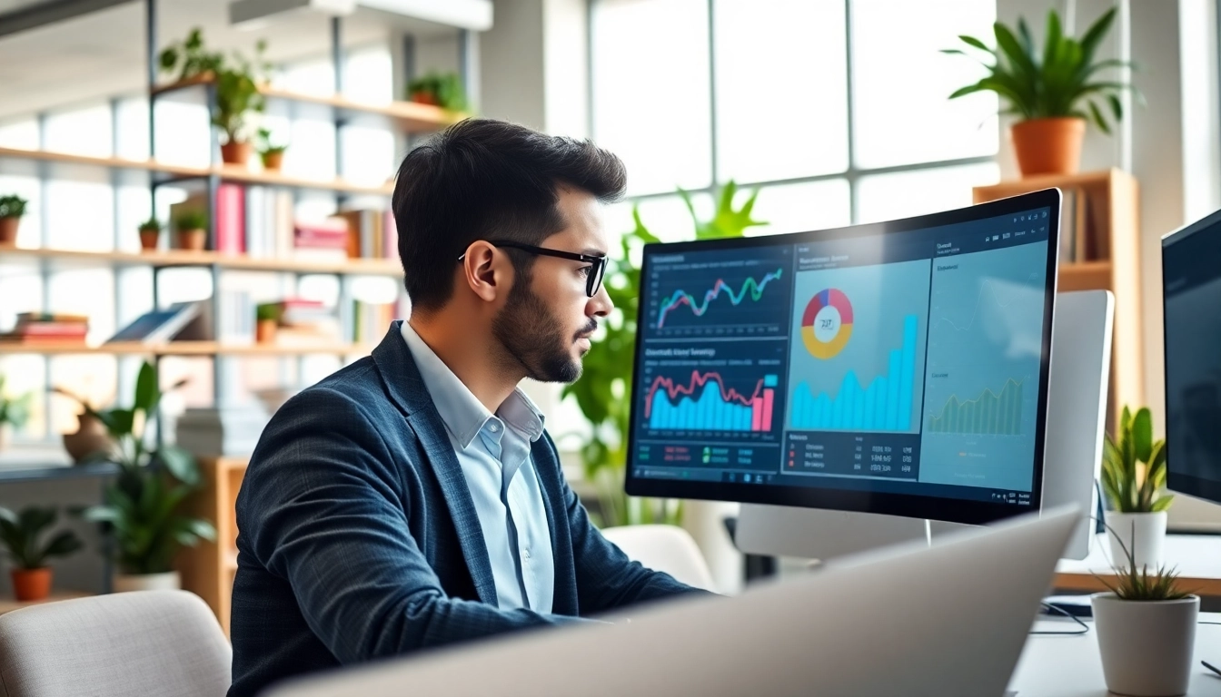 Digital marketing strategist analyzing marketing data in a modern office environment.