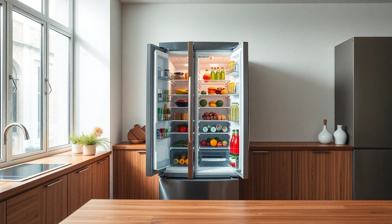 Refrigerator with organized interior and fresh produce displayed in a modern kitchen setting.