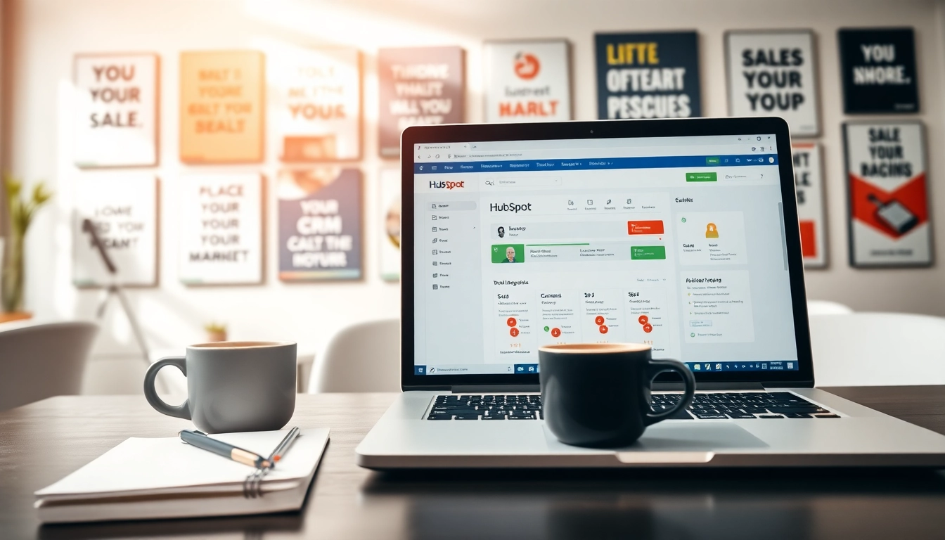 Utilize the hubspot crm free on a modern laptop in a vibrant office setting.