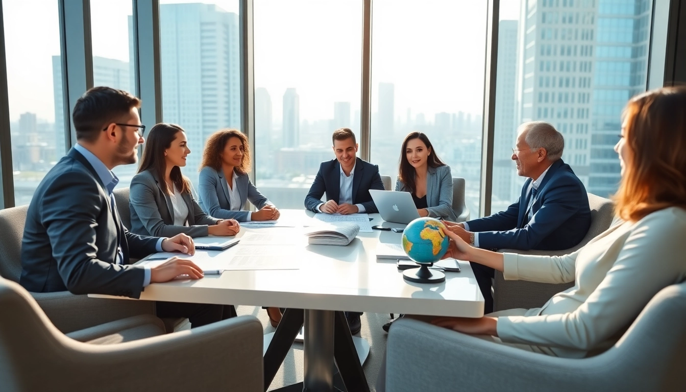Real estate agents collaborate in international business real estate negotiations in a modern office.