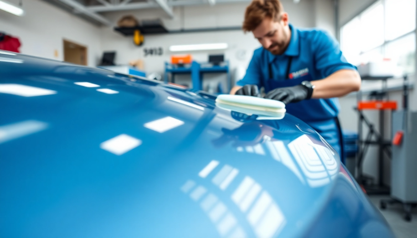 Car detailing Broward County featuring a technician polishing a vehicle in a spotless garage.