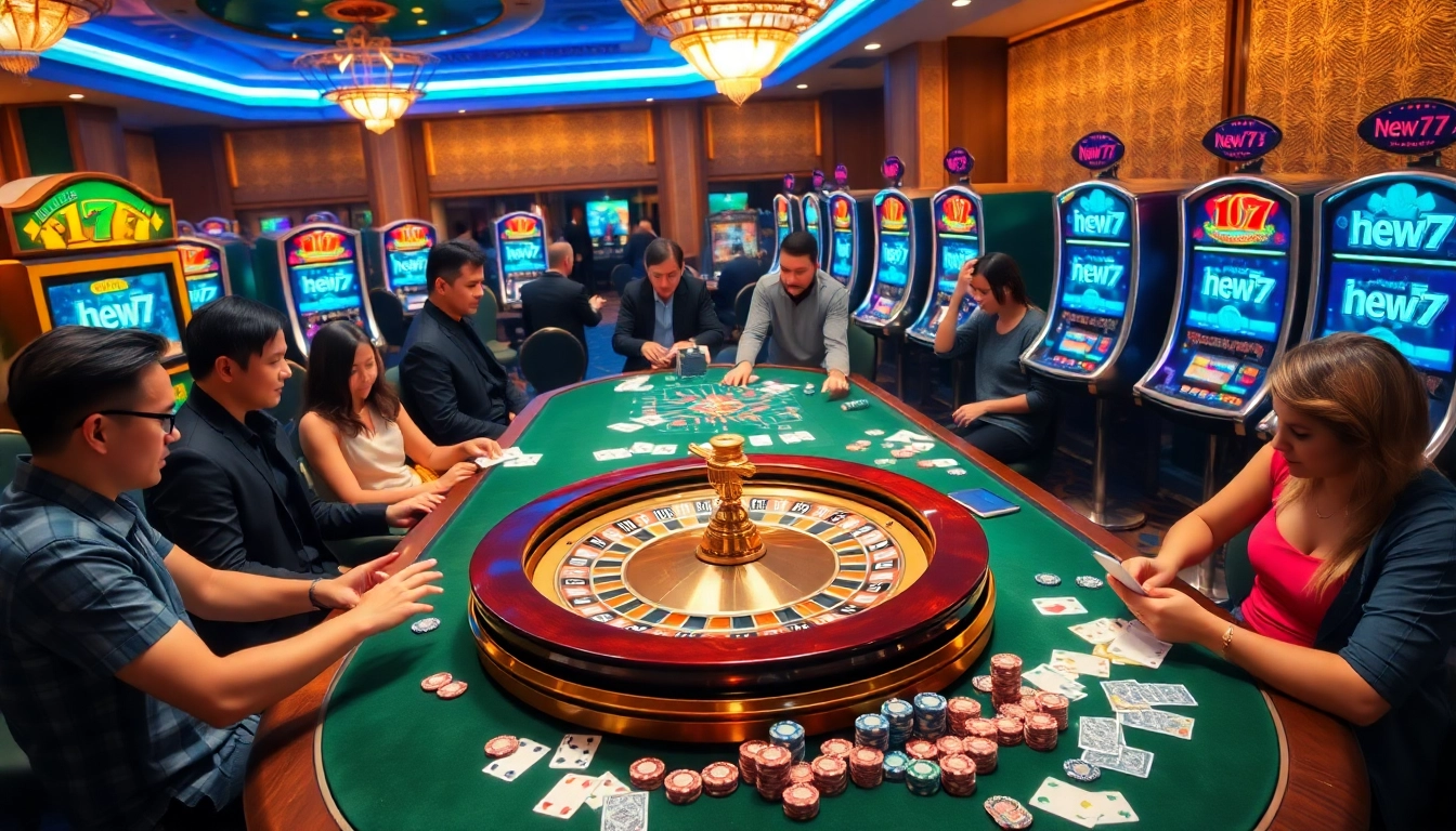 Engaged players strategizing at new77 slot machines in a vibrant casino setting.