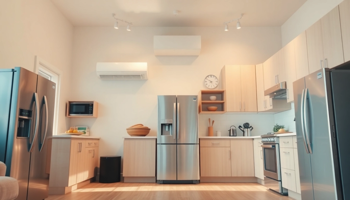 Highlighting home systems and appliance protection within a modern living room filled with appliances.
