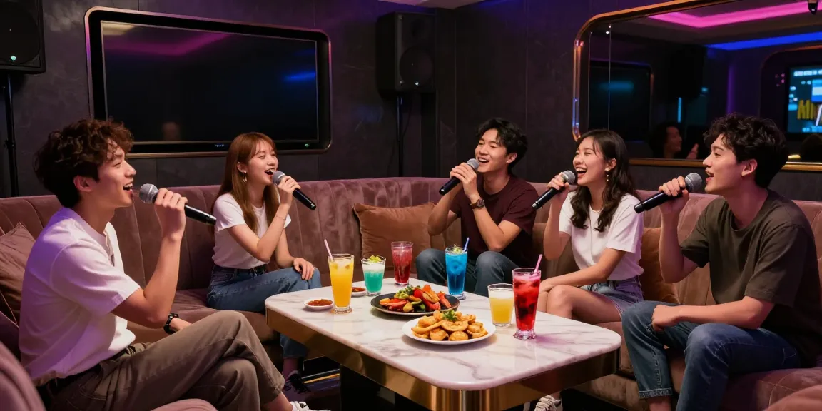 강남가라오케 프라이빗 룸에서 친구들과 함께 노래를 부르는 모습과 화려한 음료와 안주가 있는 분위기