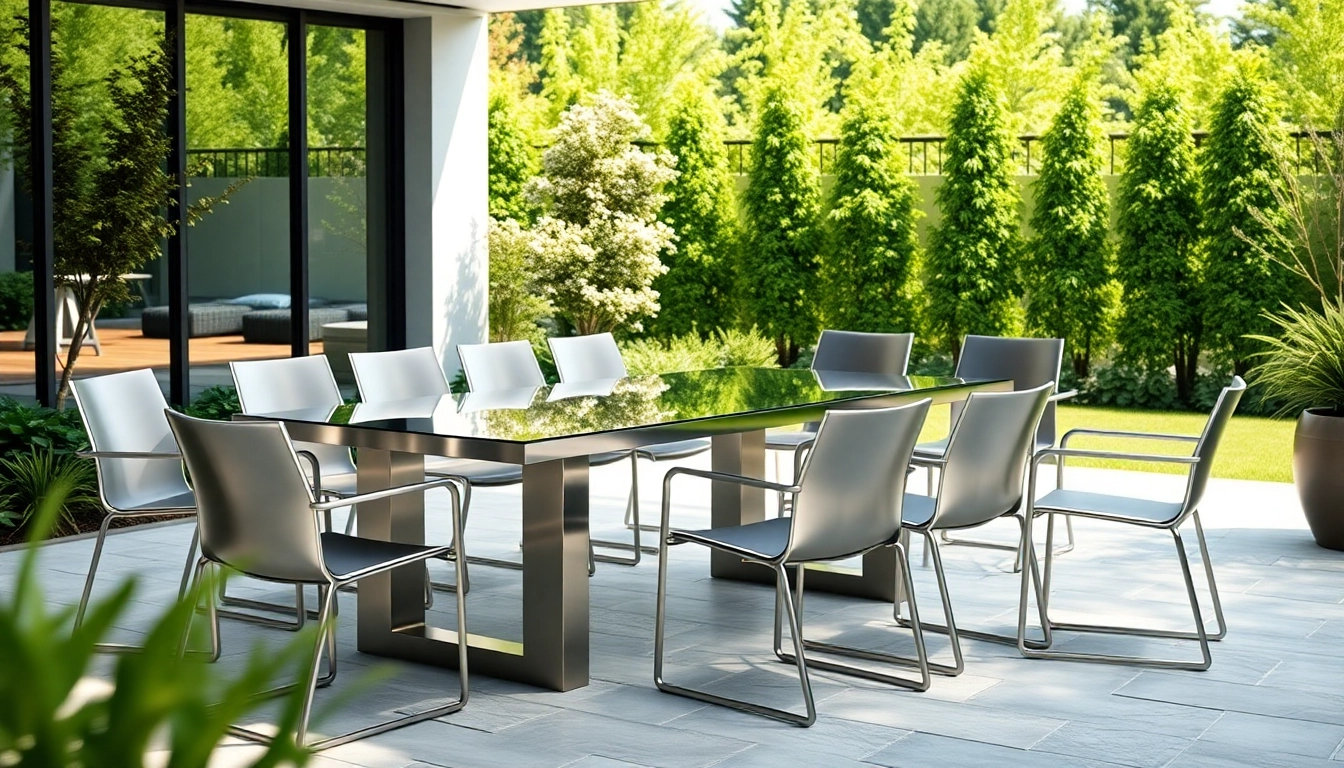 Stylish stainless steel furniture set in a modern garden with elegant design details.