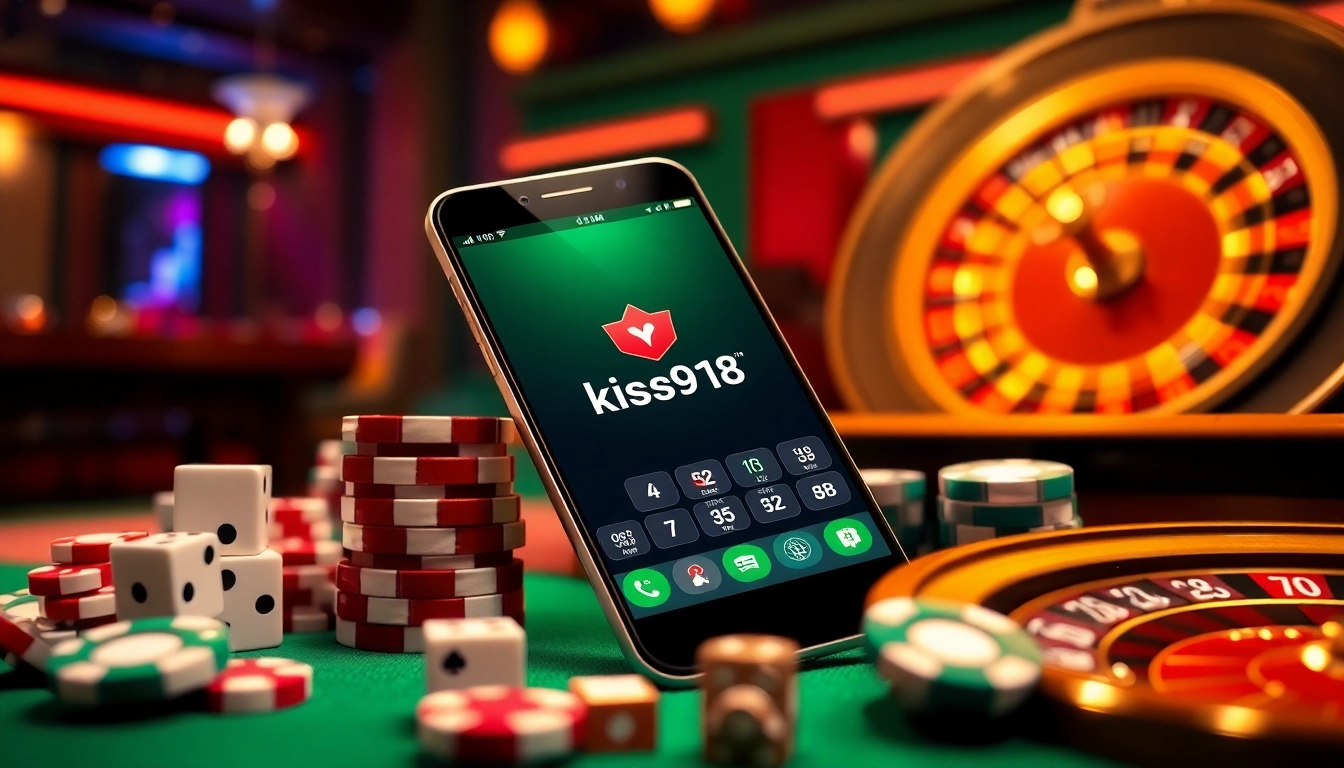 Skrin muat turun kiss918 original apk pada telefon pintar yang dikelilingi oleh elemen kasino seperti cip poker dan dadu.