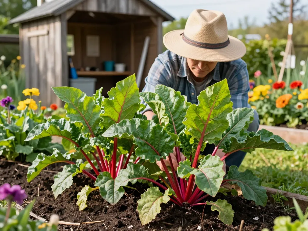 Rabarber planten kopen in a vibrant garden setting with a dedicated gardener.