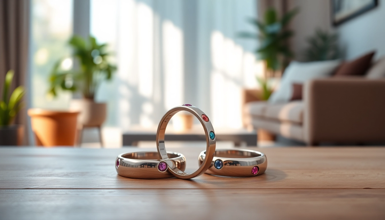 Stylish Smart Health Ring resting on a wooden table in a warm living room setting.