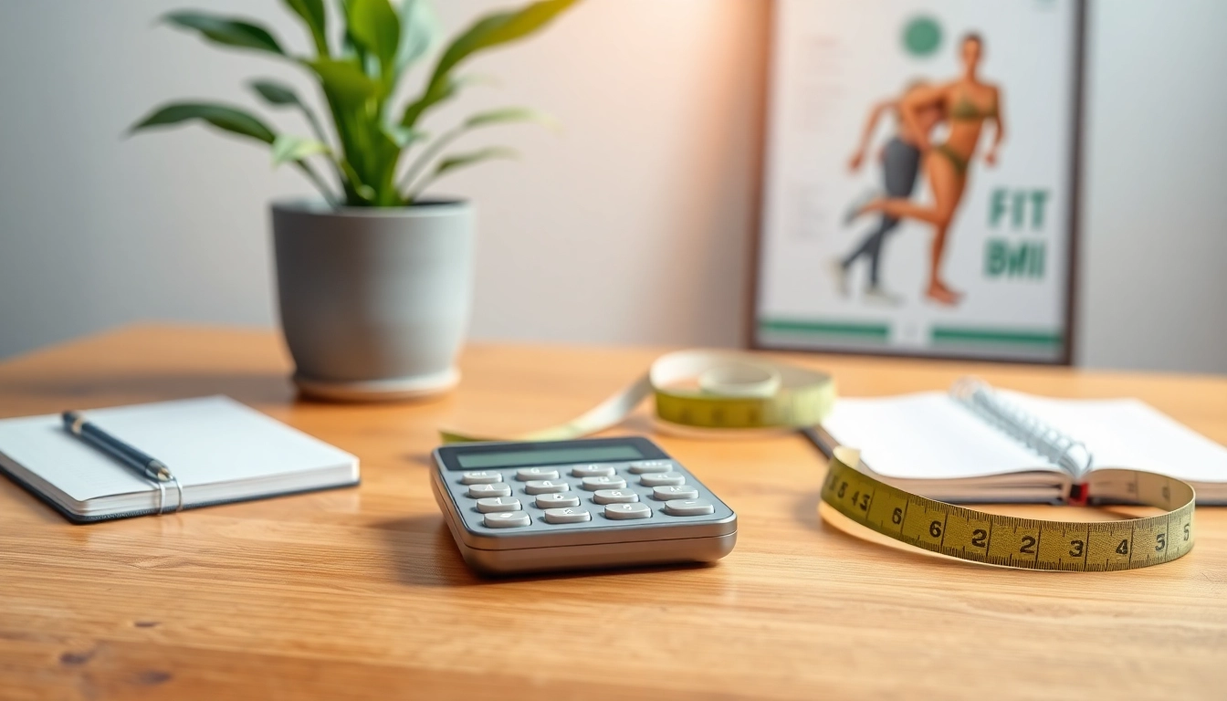 Calculate your BMI with a bmi calculator on a wooden table surrounded by health tools.