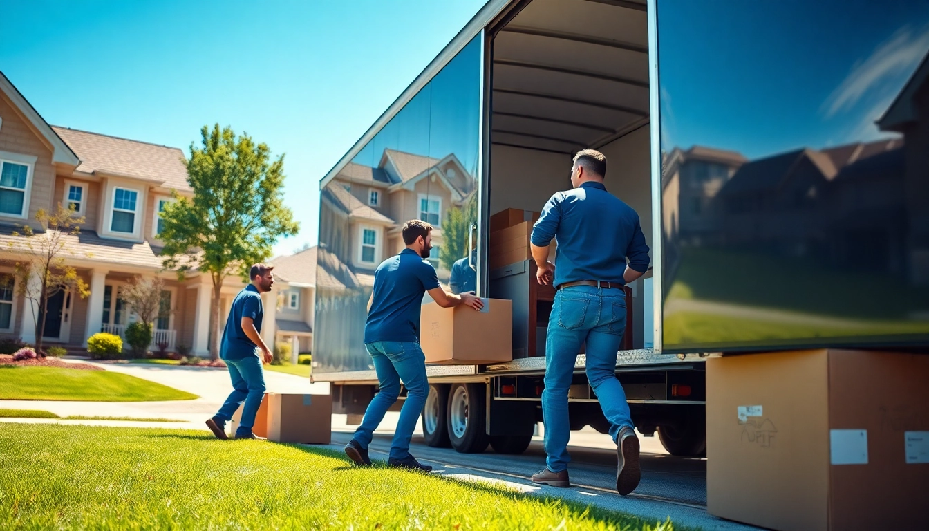 Moving companies across provinces assisting in a residential move with a professional team and clear blue skies.