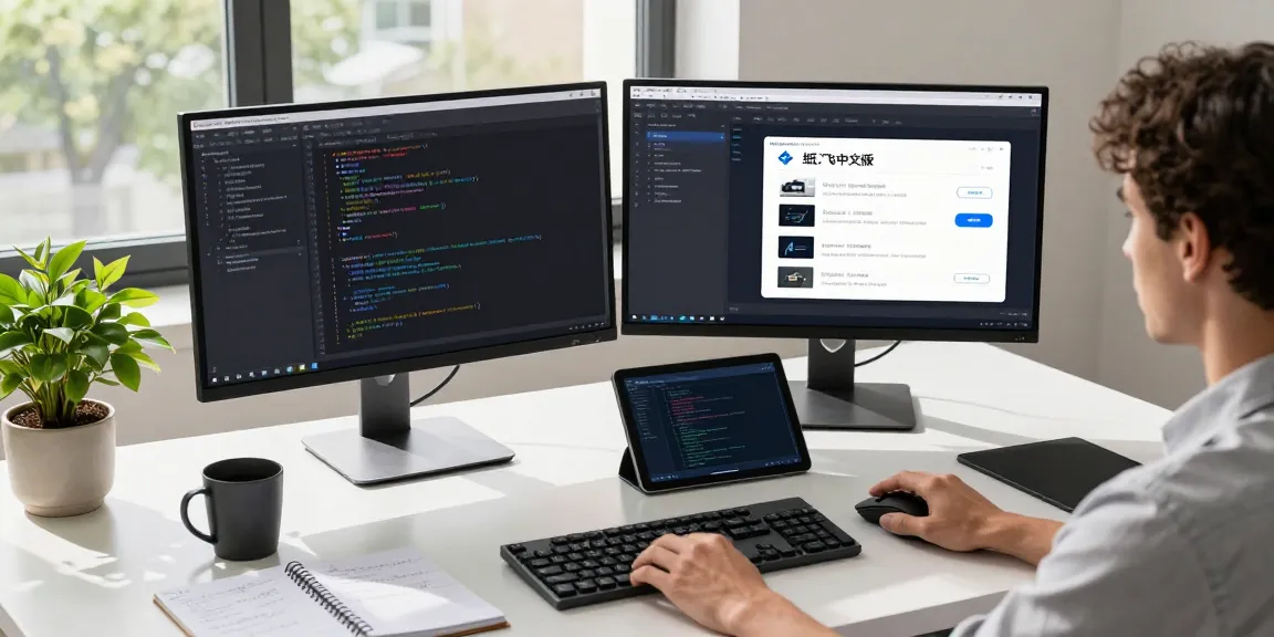 Developer programming at a modern workspace, highlighting the 纸飞机中文版 app's functionality in a tech environment.