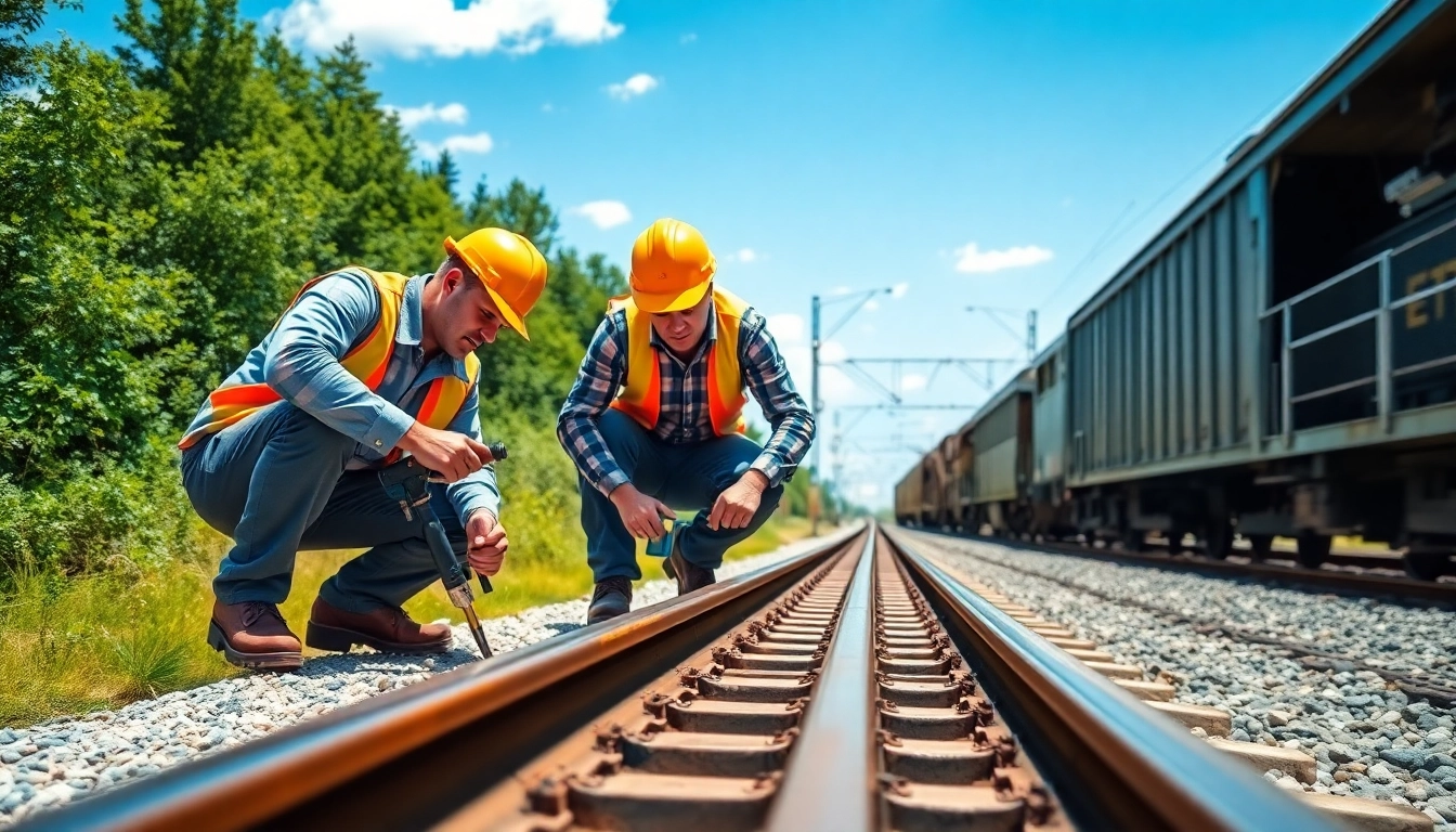Railroad Maintenance inspection by professionals assessing track integrity actively.