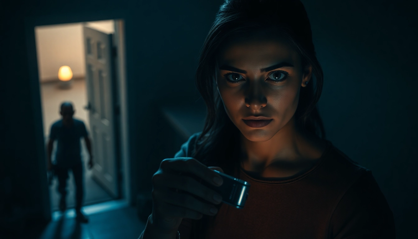 Capturing suspense in a clean thriller scene with a determined female lead.