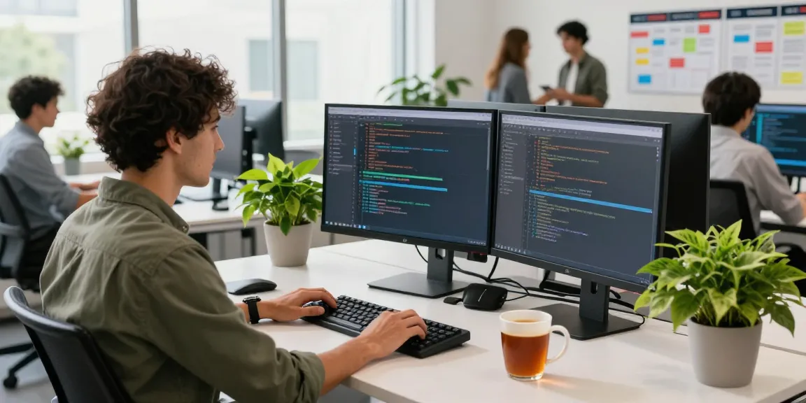 Engaging software development workspace showcasing 纸飞机下载 app coding with modern tech elements and vibrant atmosphere.