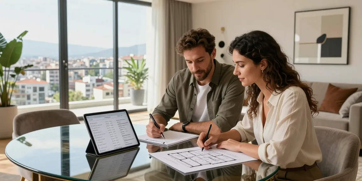 Couple exploring options to buy an apartment in Tirana, showcasing modern interiors and city views.