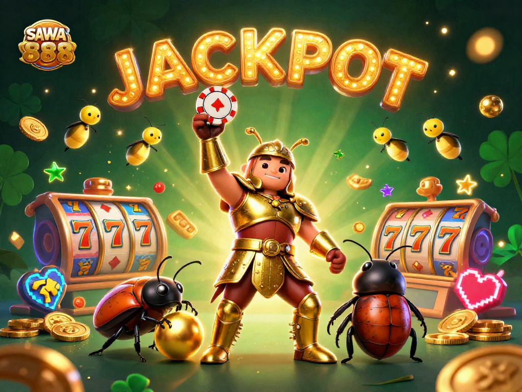 Win big with SAWA888! A victorious beetle lifts a poker chip amidst vibrant casino elements.