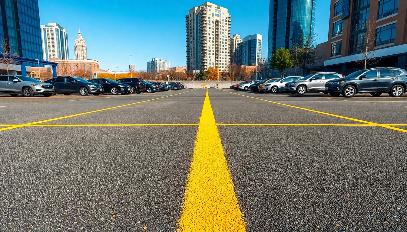 Parking lot restriping Jackson MS showcasing professional line painting in an urban setting.