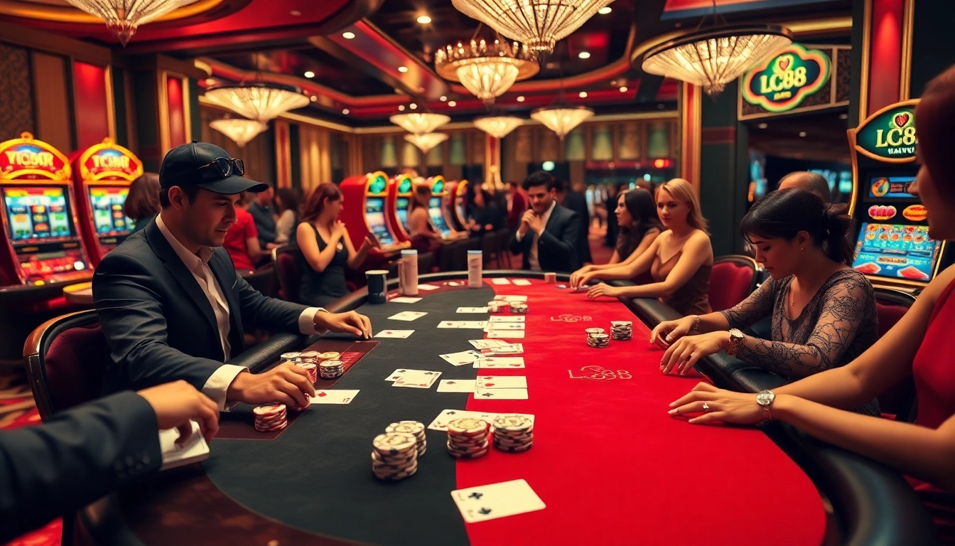 Engaging players at LC88 enjoying high-stakes casino games with vibrant poker chips and colorful cards.