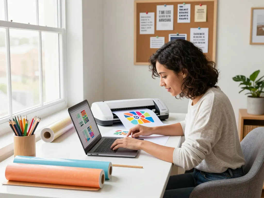 Passionate crafter designing SVG bundle files in a bright workspace.