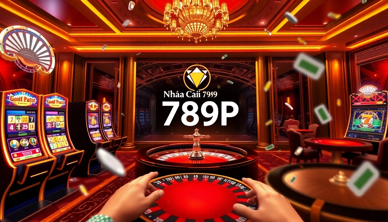 Experience the excitement of Nhà Cái 789P with vibrant casino visuals, including slot machines and poker chips.
