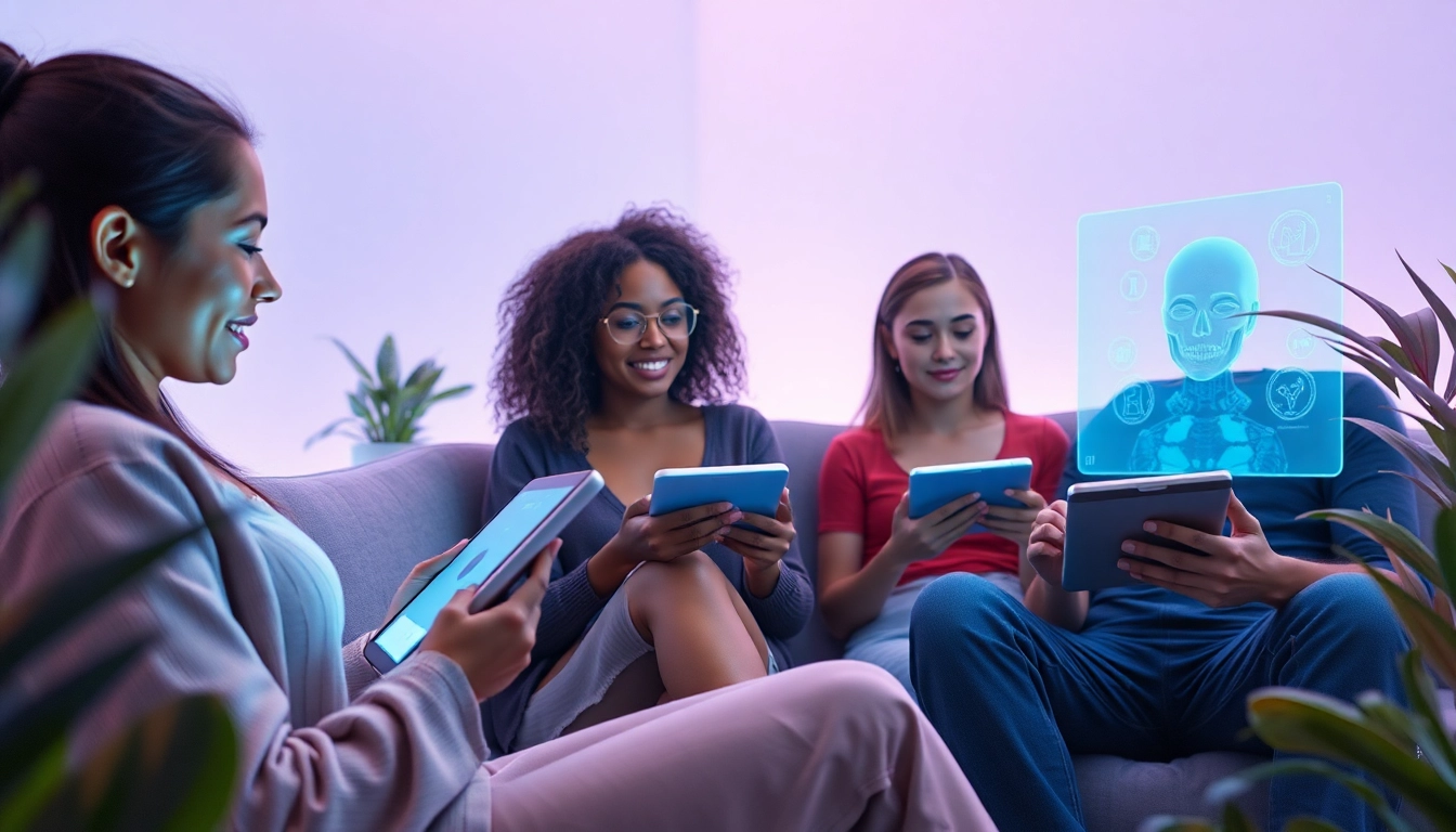 Engaging scene depicting diverse users exploring sex ai through digital interfaces in a serene virtual environment.