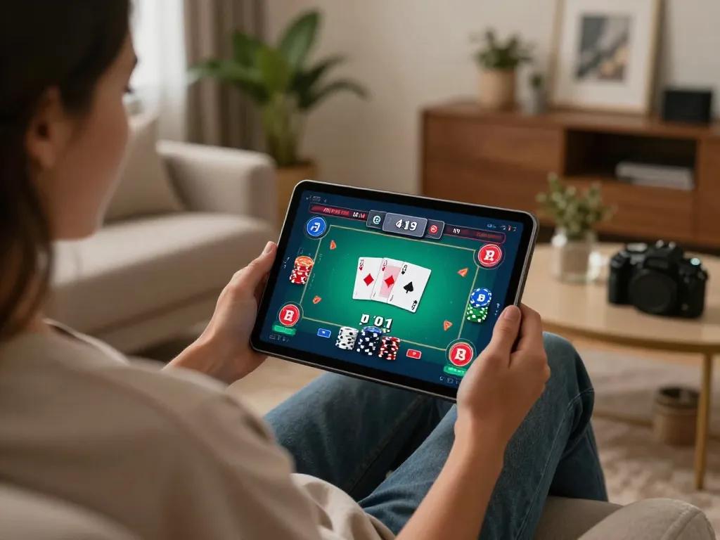 Player enjoying online poker with DN88 app on tablet in cozy home setting