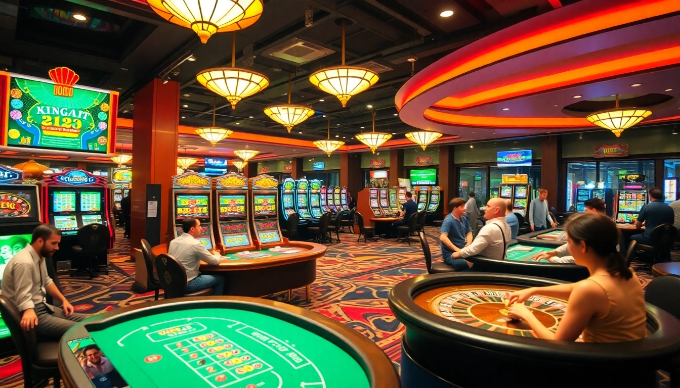 KJC AC 1 immersive casino scene showcasing tables, cards, and slot machines for an engaging gambling experience.