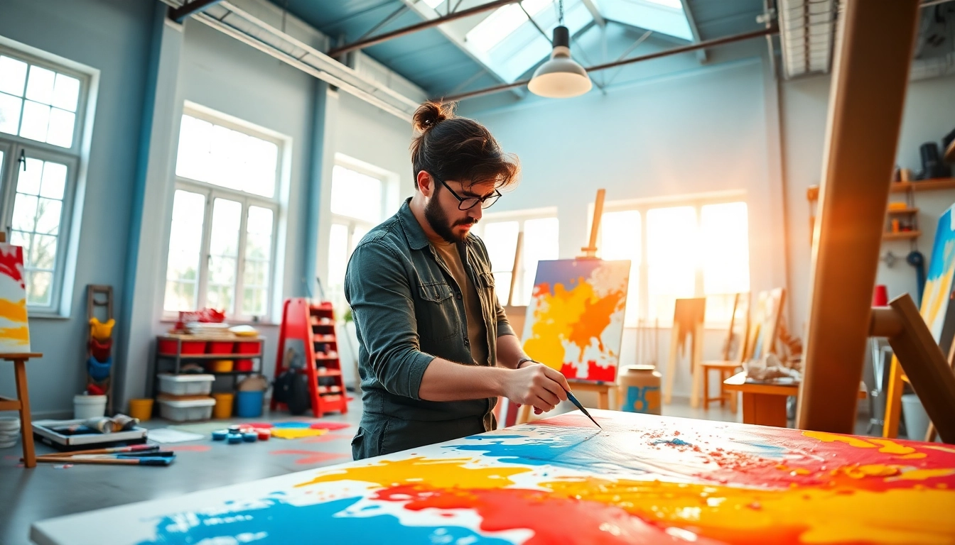 Apply creativity at https://acrylicpedia.com with an artist painting in a colorful studio.