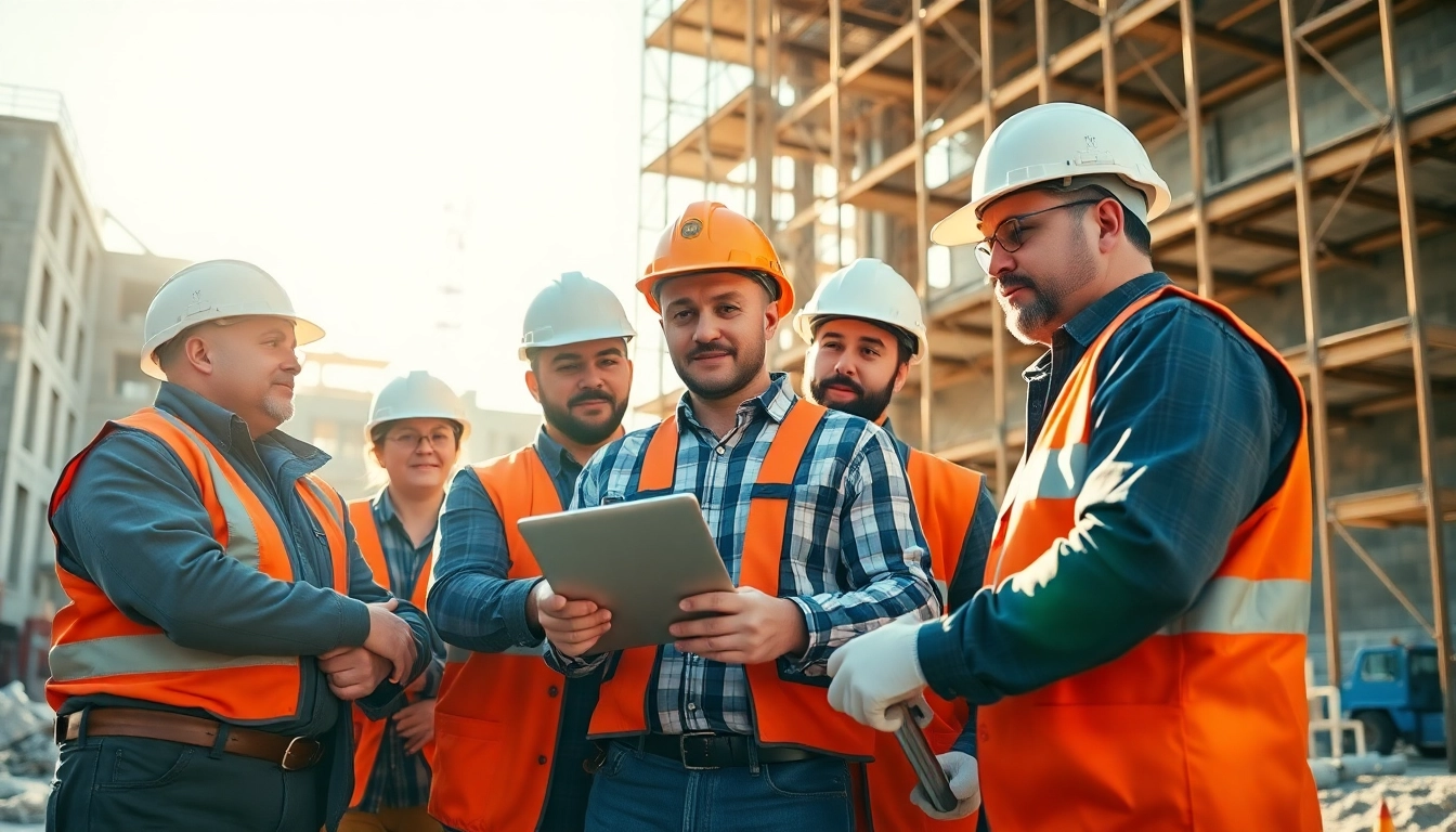 Workers engaged in careers in construction on a lively site, showcasing collaboration and teamwork.