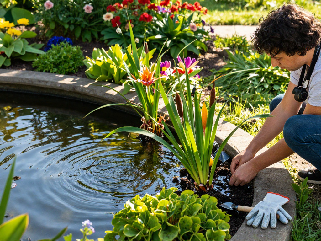 Buy Pond Plants Online in a serene garden setting with vibrant aquatic plants and a tranquil pond.