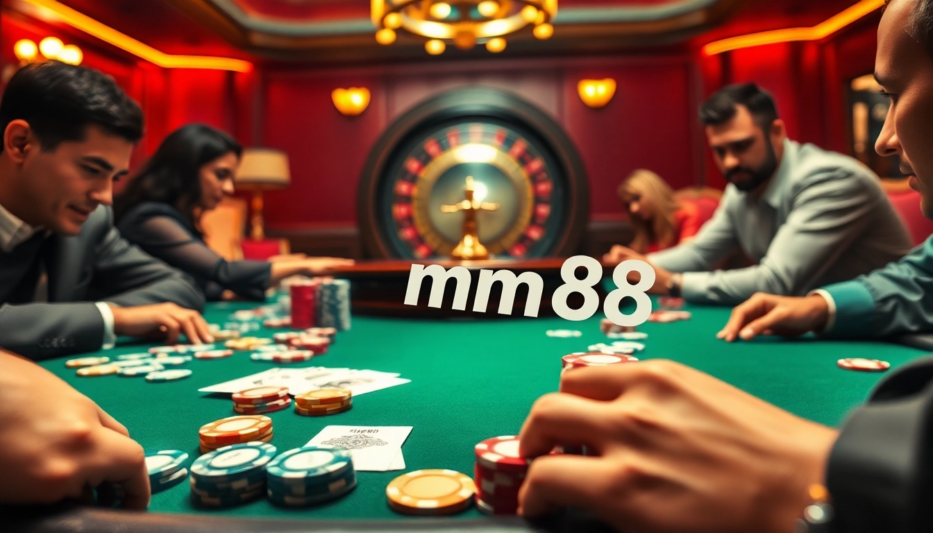 mm88 poker game highlights chips and focused players in vibrant casino.