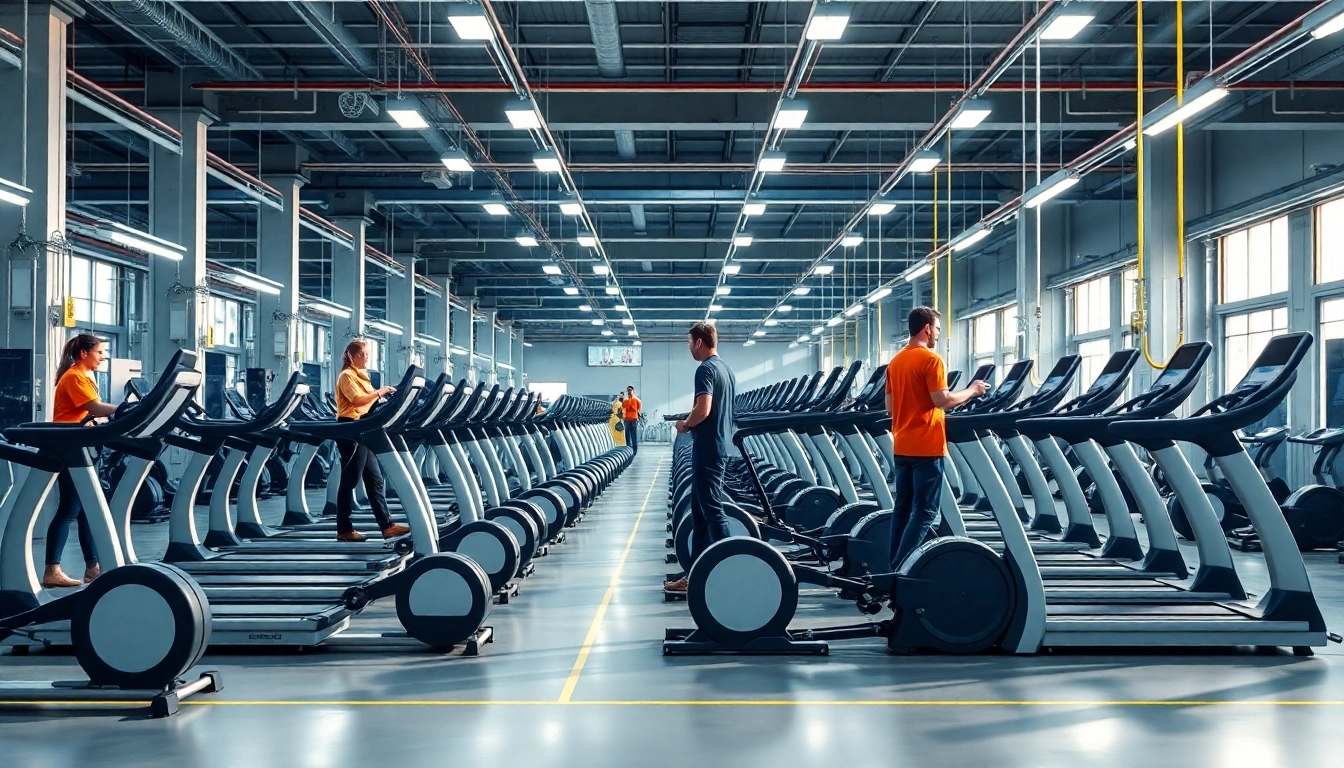 Professional fitness equipment manufacturer showcasing advanced treadmill and elliptical assembly with quality control.