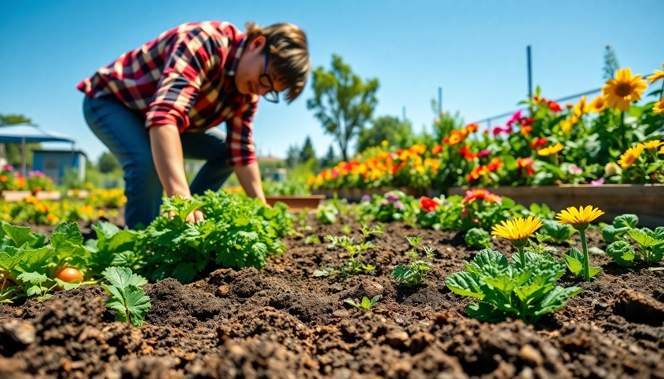 Gardening community scene with vibrant plants, showcasing healthy crops in a colorful garden.