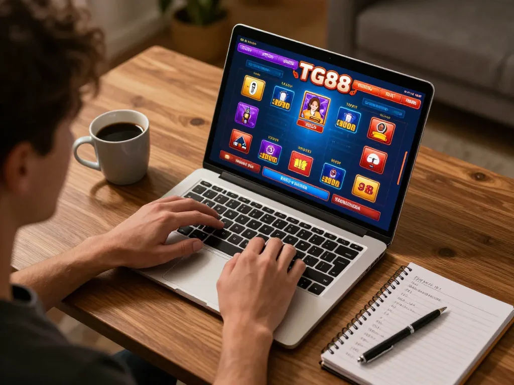 Player enjoying TG88 casino games on a laptop in a cozy home setup, focused and strategic.